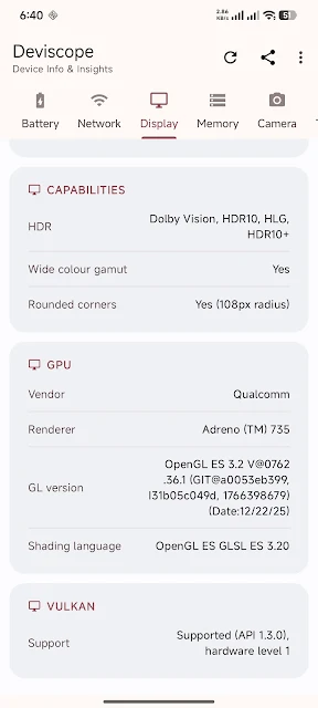 Deviscope screenshot: display capabilities and GPU details