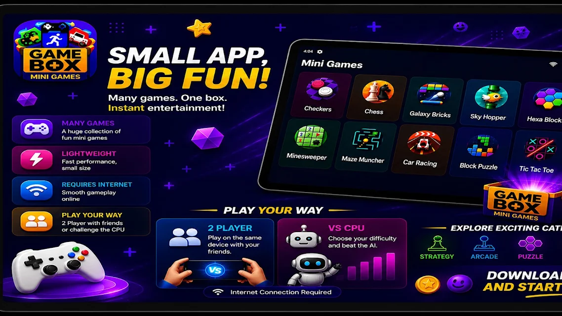 Game Box screenshot: small app, big fun, mini games grid